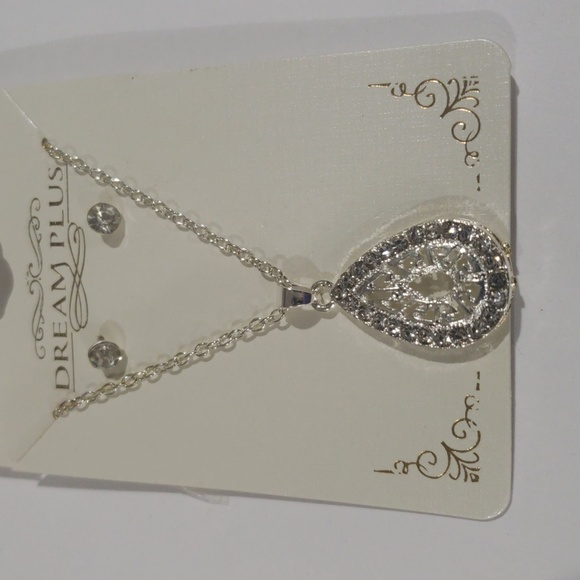 Silver Teardrop Pendant Necklace w/ Crystal Accents & Earrings Women's Jewelry - Picture 1 of 7